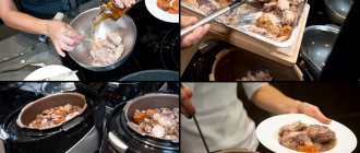 Visualized process of using a multicooker in a slow cooker to prepare dishes.